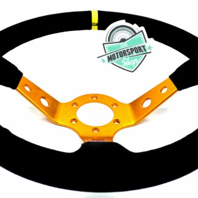 Alternative view of schwarzes Wildleder Sportlenkrad 350mm tief geschüsselt mit goldenem Lenkradtopf und gelber Markierung